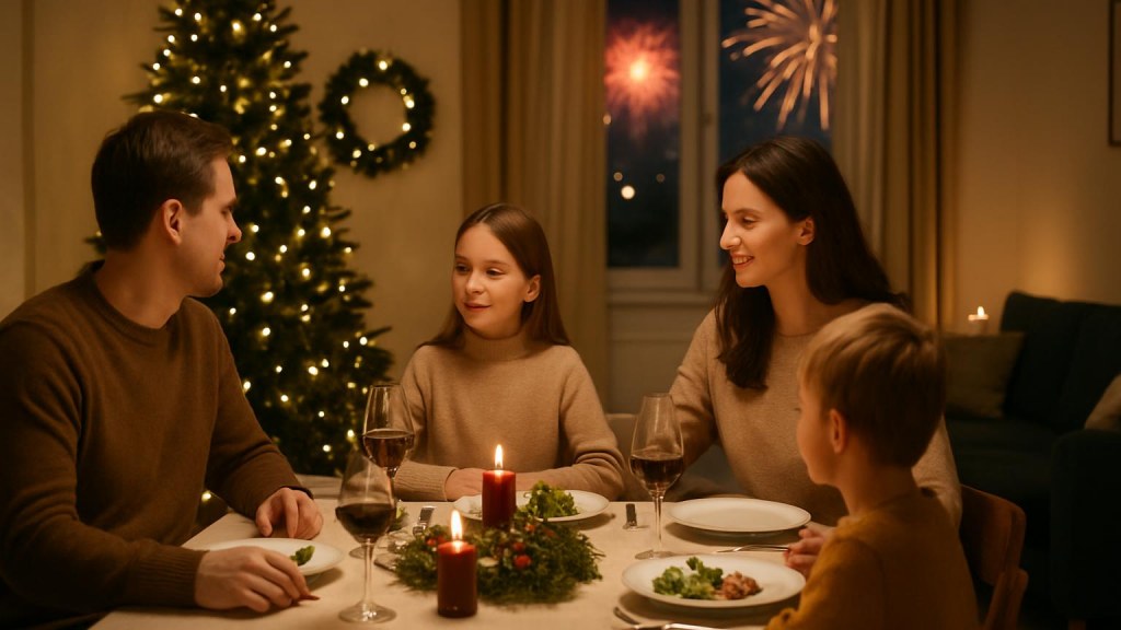 Famiglia con bambini in ambiente accogliente per Capodanno